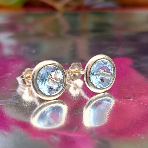 Natural Aquamarine 14k Solid Yellow Gold Stud Earrings * 8mm